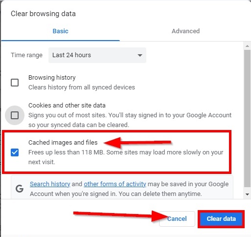 Clearing cached images and files from Google Chrome browser