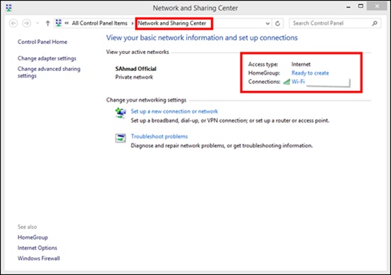 "Network and Sharing Center setting" on Windows